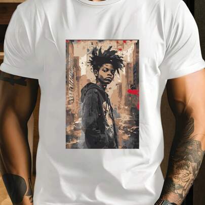 T-shirt con stampa artistica di Jean-Michel Basquiat (moda uomo), t-shirt da uomo con scollo tondo, 220 g/m², per l'estate, realizzata in puro cotone,