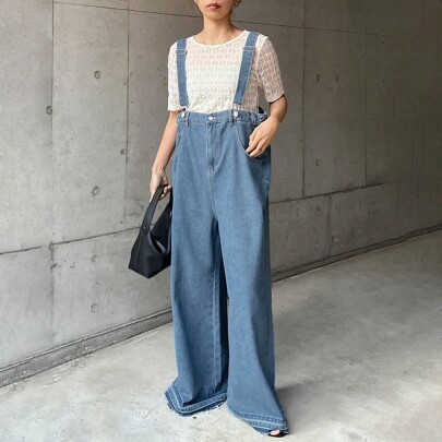Salopette in jeans e tuta in jeans a gamba dritta per donna, colore blu, per primavera/estate