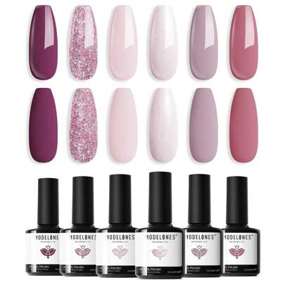 modelones smalto UV, 6 colori smalto gel Shellac smalto rosa nude glitter gommalacca, disegni per unghie con smalto gel naturale, smalto gel UV LED UV