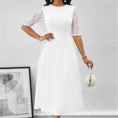 Abiti da donna eleganti bianchi in pizzo con inserti, abiti midi estivi da donna, abiti da cerimonia da donna, abiti da donna eleganti bianchi
