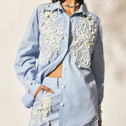Camicia in tencel blu con applicazioni tridimensionali, vestiti estivi lunghi