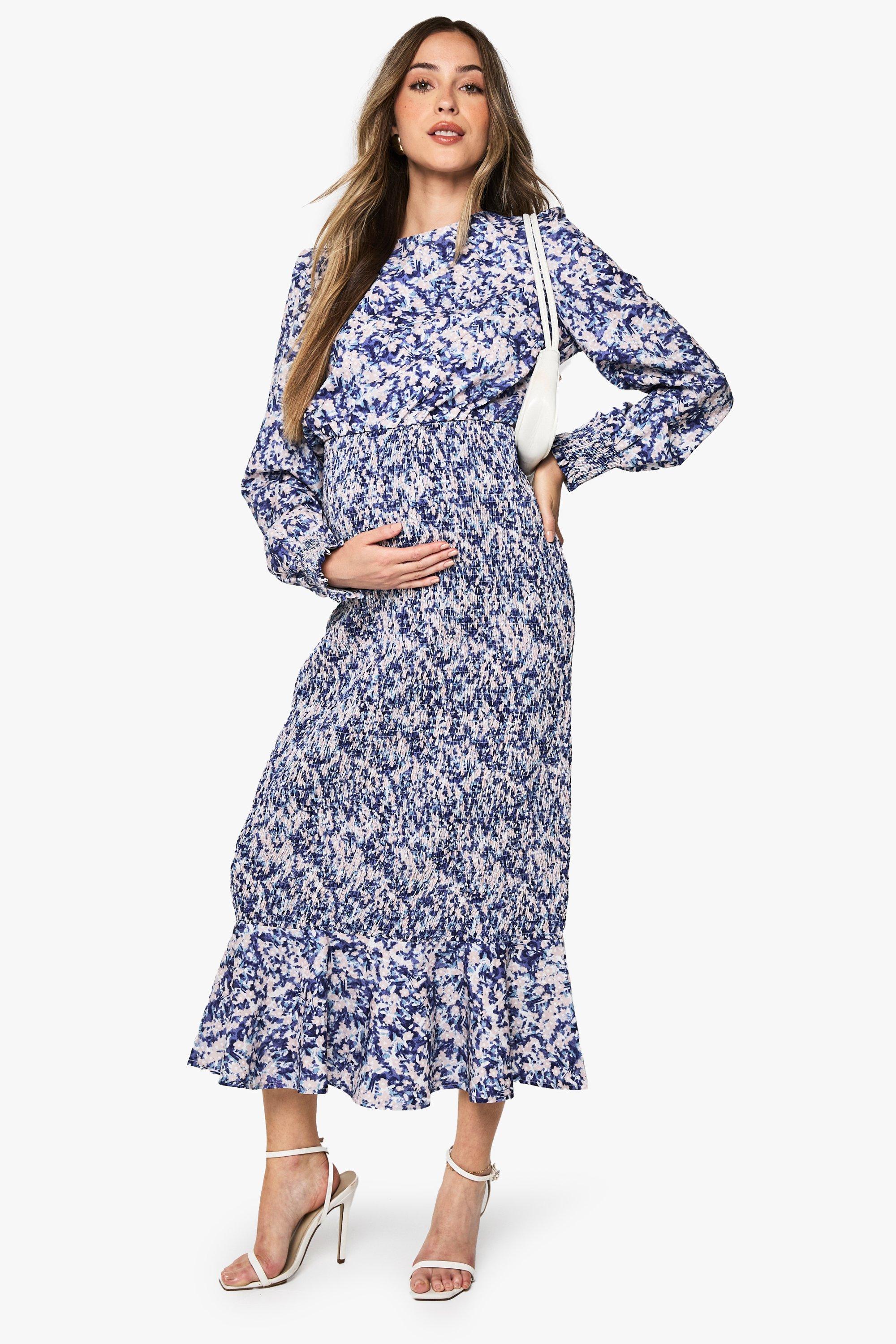 Maternity Floral Shirred Frill Hem Midi Dress, Purple