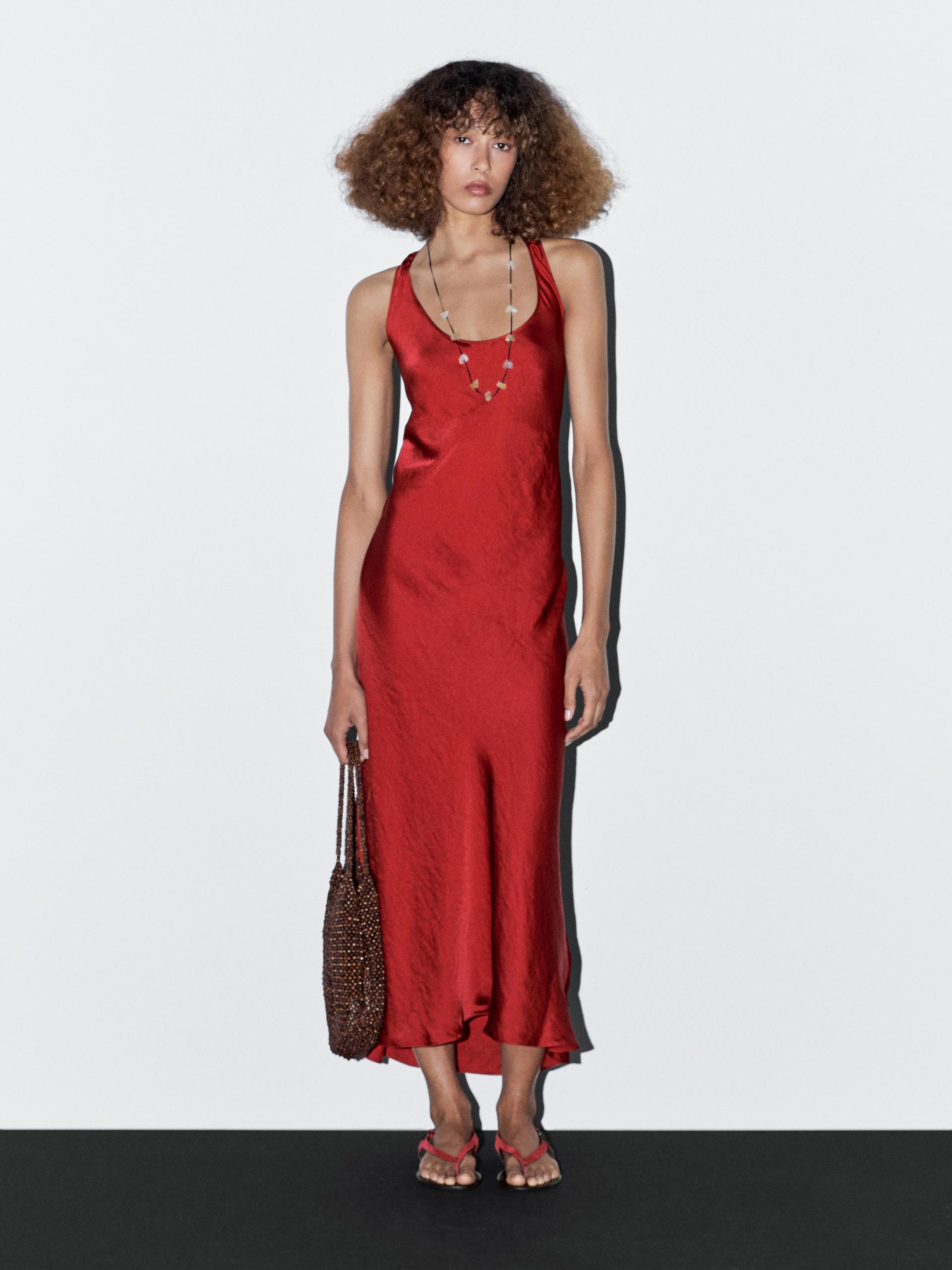 Vestito Lungo Satinato Con Scollo Rotondo - Rosso - L - Massimo Dutti - Femminile