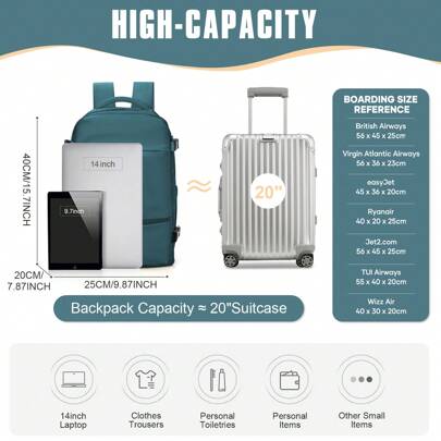 Grande zaino da viaggio, zaino per laptop da ufficio, borsa da cabina 40x20x25, zaino approvato per il trasporto aereo, zaino impermeabile multifunzio