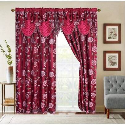 2 pezzi Set di tende per finestre con motivo floreale, tende di lusso con mantovana e fodera trasparente, per soggiorno, camera da letto, sala da pran