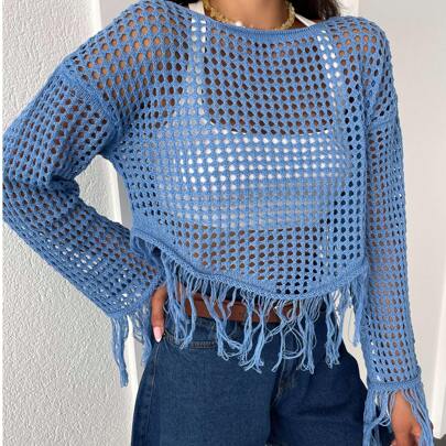 Completi casual da donna in colore tinta unita con dettagli trasparenti e frange