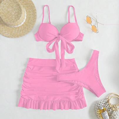 Costume da bagno donna composto da 3 pezzi con pareo, costume intero monocolore con fascia strapless e sostegno con ferretto, adatto per l'estate in s