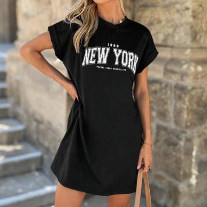 Abito casual estivo da donna con stampa "New York", vestibilitÃ  morbida, scollo tondo, 1998 NEW YORK PURSUE EVERY POSSIBILITY