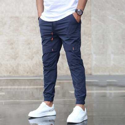 Pantaloni da uomo con coulisse in vita, lunghi e lisci, blu navy, adatti per uscire