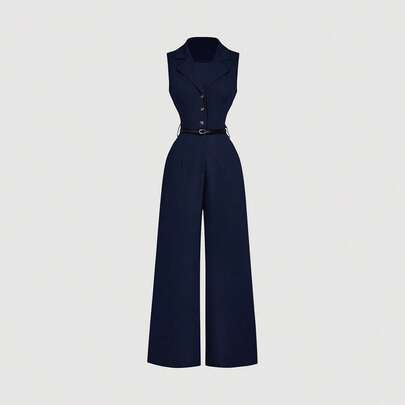 Tuta vintage blu navy con colletto e cintura, tuta elegante, tuta per uscire, tuta stile occidentale, per vacanze
