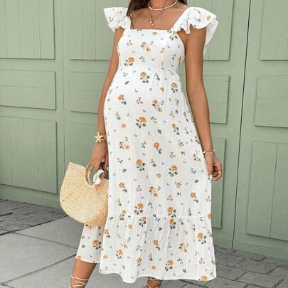 Abito floreale boho da maternità, abiti eleganti da maternità estivi bianchi, abito midi estivo elegante, abiti midi estivi, abiti da maternità estivi