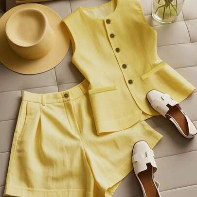 Completo casual da donna, elegante, con gilet monopetto giallo e pantaloncini
