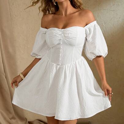Mini abito stile elegante da donna taglie comode con bustino senza spalline e maniche a palloncino