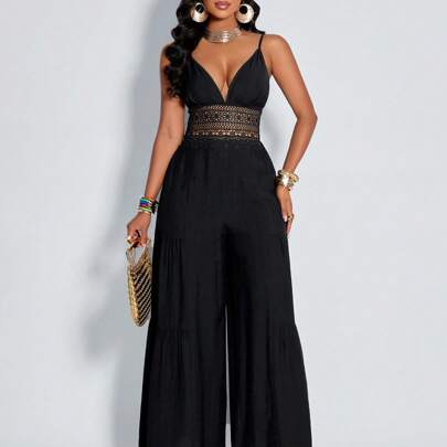 Tuta jumpsuit elegante e sexy da donna con cerniera, decoro in pizzo e gamba ampia