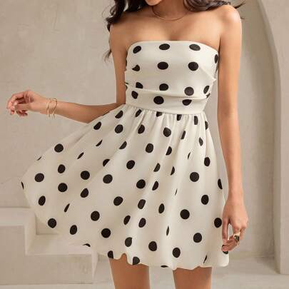 Abito elegante senza maniche con stampa a pois e effetto a palloncino, abito mini con stampa a pois, abiti da compleanno, abiti da festa, abito bianco