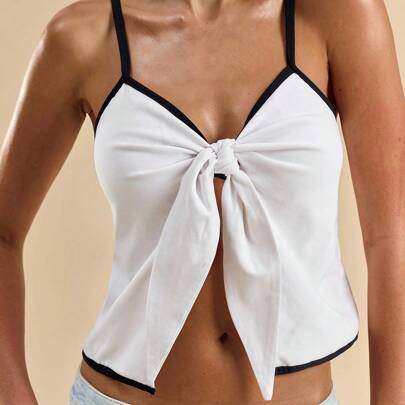Top canottiera a v con fiocco su cinturino, colore unito nero/bianco, top elegante bianco, adatto per vacanze al mare, primavera/estate