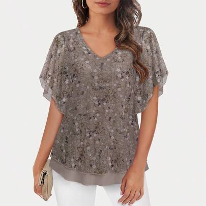 Camicie eleganti casual per donna taglia forte, bluse estive eleganti a doppio strato di rete, top da donna a maniche corte scollo a V