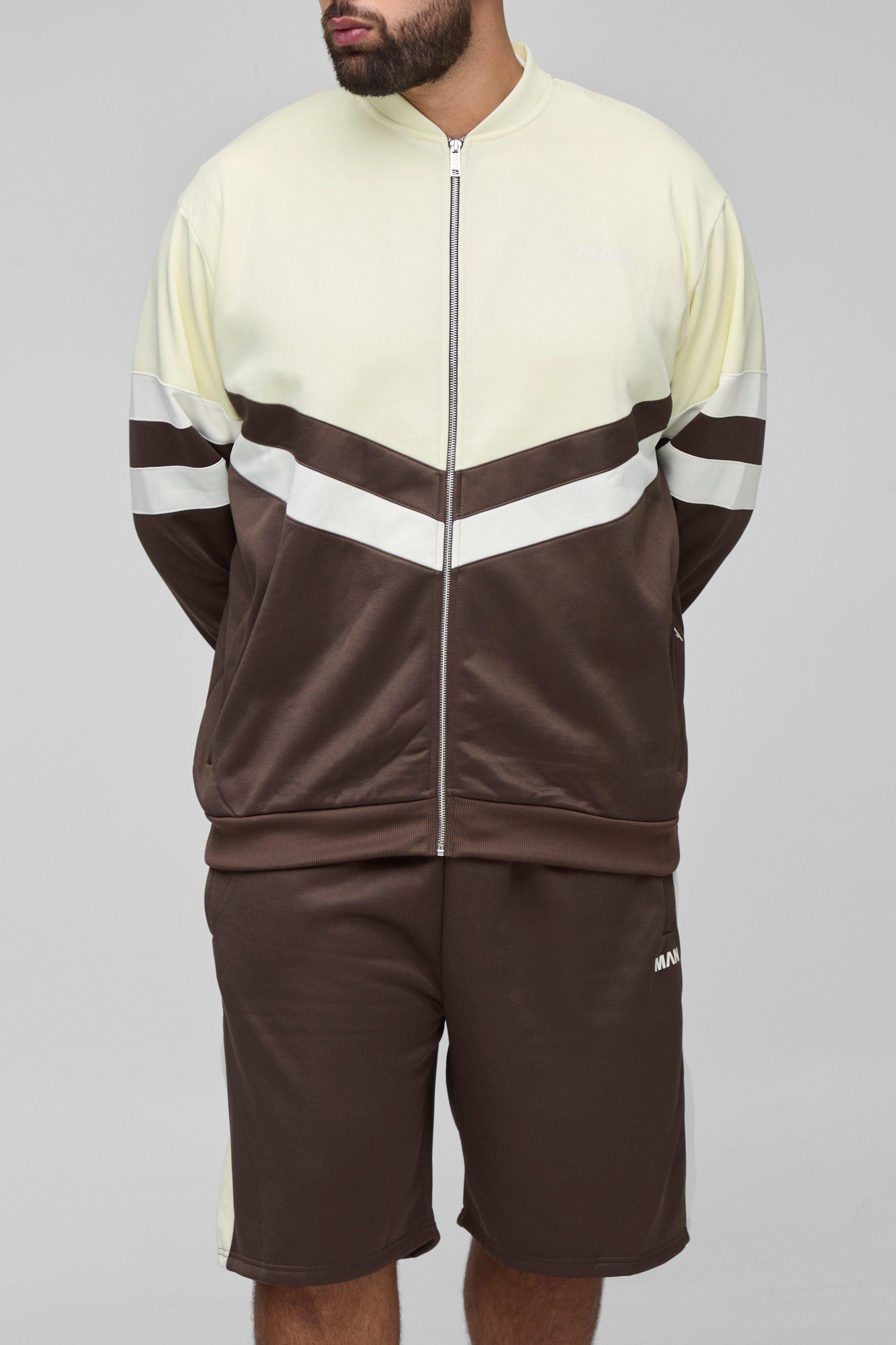 Plus Man Tricot Colour Block Funnel Neck Jacket & Oversized Short Set, Brown