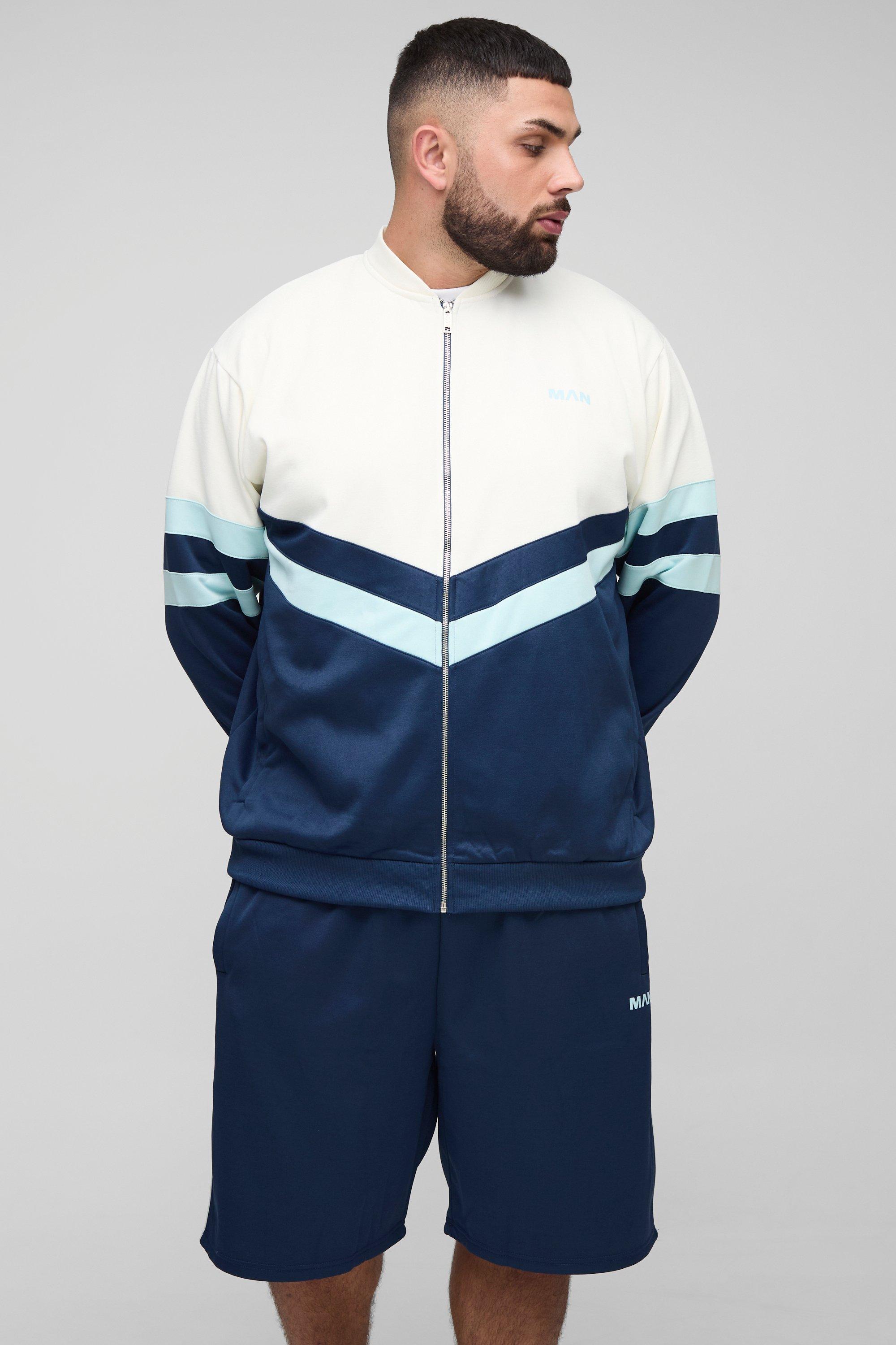 Plus Man Tricot Colour Block Funnel Neck Jacket & Oversized Short Set, Azzurro