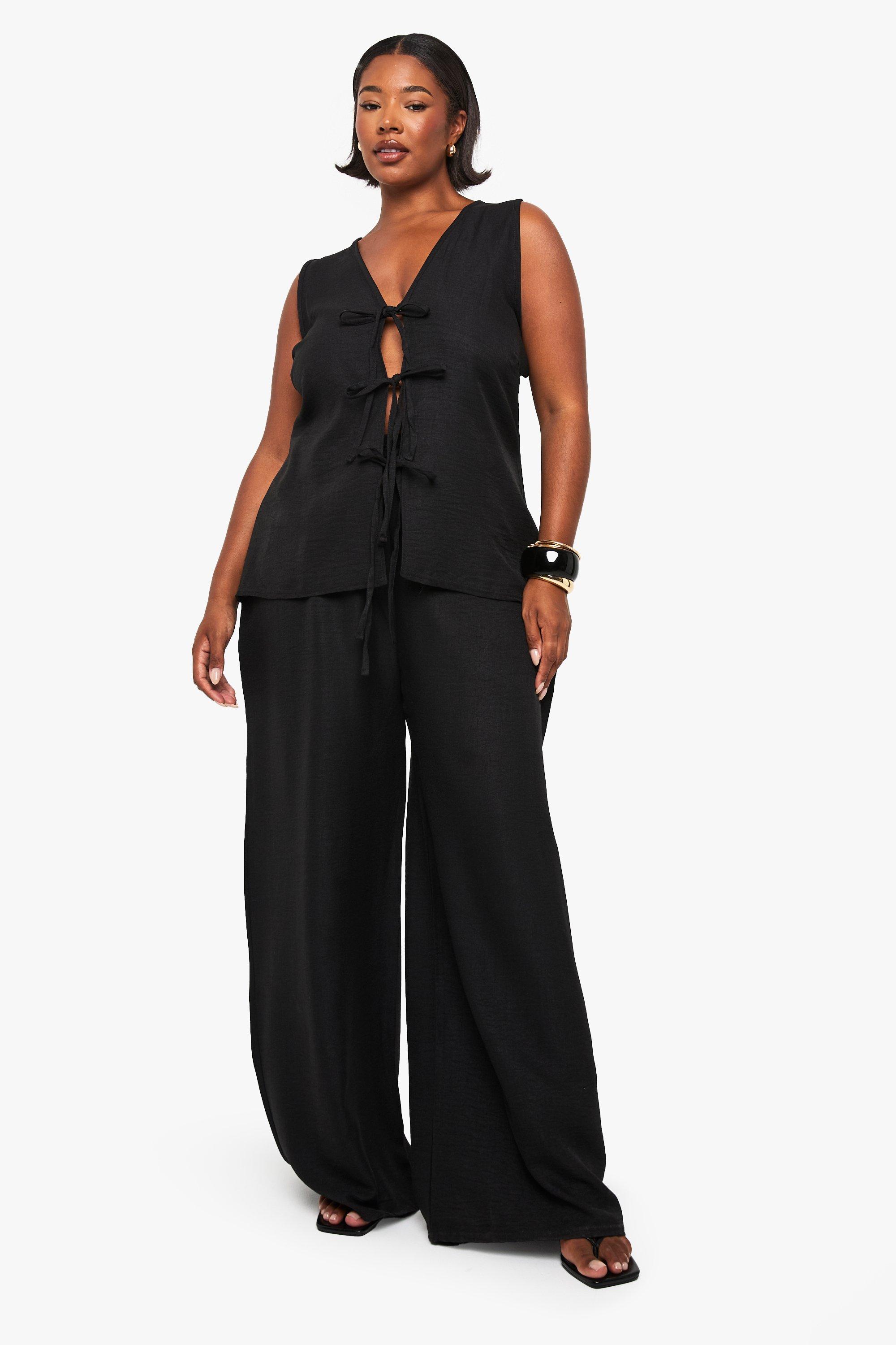 PLUS LINEN LOOK TIE FRONT TOP AND WIDE LEG TROUSER CO-ORD, Nero