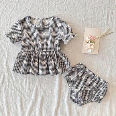 2 pezzi/set Vestiti casual e carini per bambina con top a fantasia floreale e pantaloni a quadri