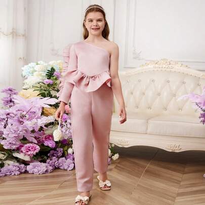 Set di bluse monospalla eleganti per ragazze adolescenti con volant e pantaloni lunghi
