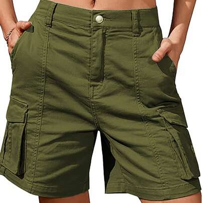 Pantaloncini cargo bermuda con tasche, vita elastica casual, taglie comode, per l'estate, da donna
