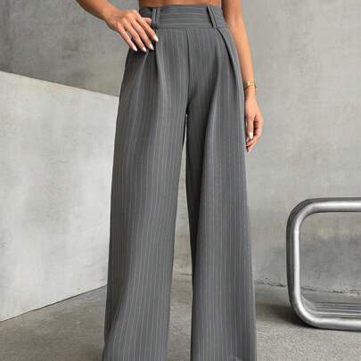 Pantaloni da donna a vita alta con cintura a righe plissettati