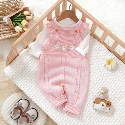1 pezzo Tutina per bambine con rifiniture a balze, tuta intera con ricamo, outfit elegante e dolce