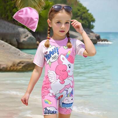 Costume intero per ragazze, carino costume intero a fantasia unicorno per bambine, costume intero con chiusura lampo sul retro e manica corta, include
