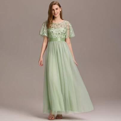 Vestito estivo con maniche a volant, con fiori verdi, paillettes, vestito in tulle per cerimonia, abito elegante da sera, abito da damigella in verde