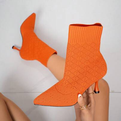 Stivali donna vintage arancioni a punta con tacco a stiletto, stivali donna arancioni monoblocco a metà polpaccio, scarpe autunno/inverno