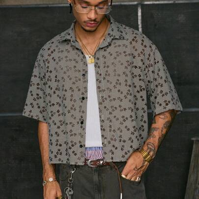 Camicia da uomo con colletto alla coreana, maniche corte, vestibilità ampia