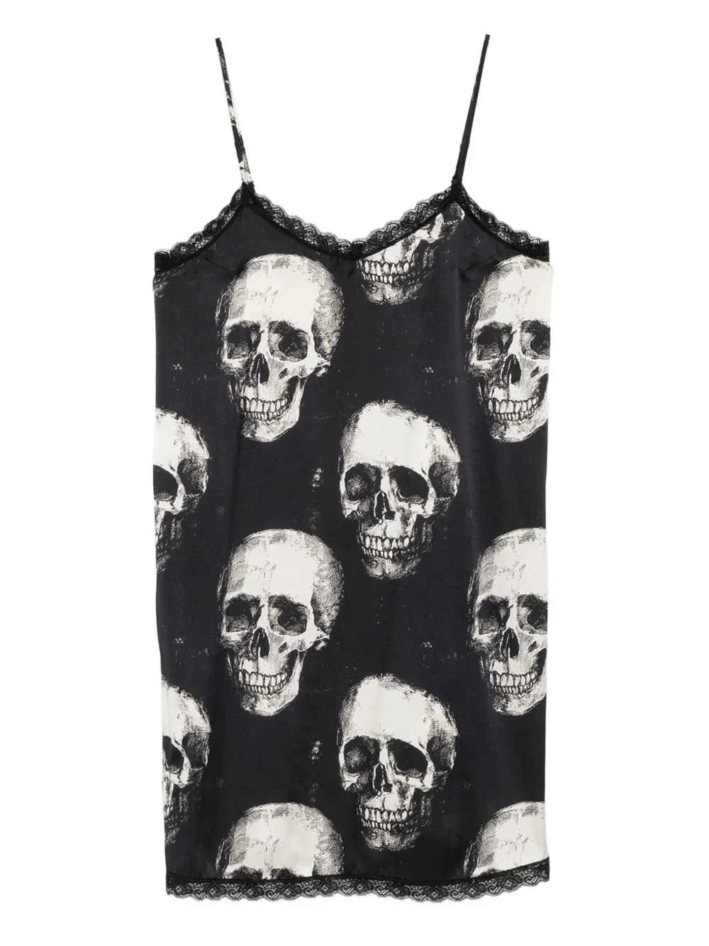 R13 skull-print lace-trimmed slip mini dress - Nero