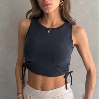 Crop top blu navy con lacci laterali, top casual colorblock da spiaggia