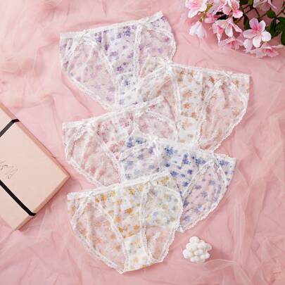 5 pezzi set di perizomi intimi da donna con arco e decorazione floreale in rete