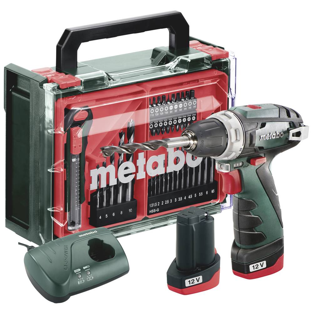 Metabo PowerMaxx BS Basic Set 600080710 Trapano avvitatore a batteria 12 V 2 Ah Li-Ion incl. seconda batteria, incl. caricabatterie, brushless, incl.