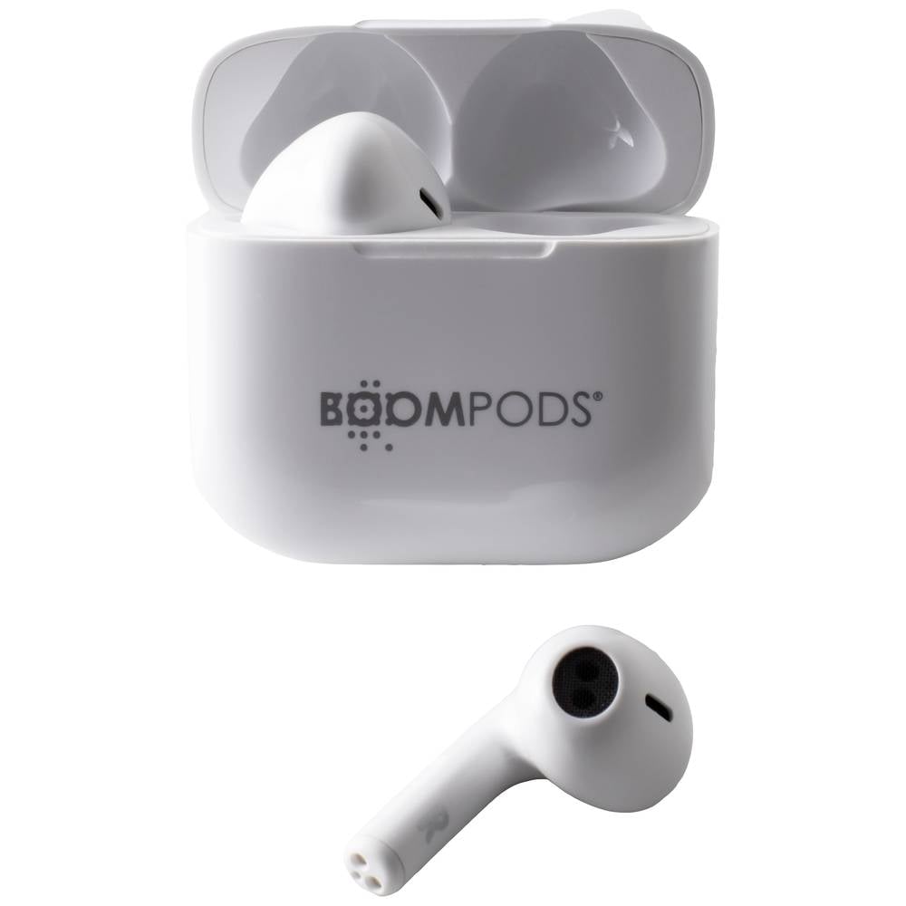 Boompods Bassline Compact Cuffie auricolari Bluetooth Bianco headset con microfono, personalizzazione suono, regolazione del volume, Resistente al sud