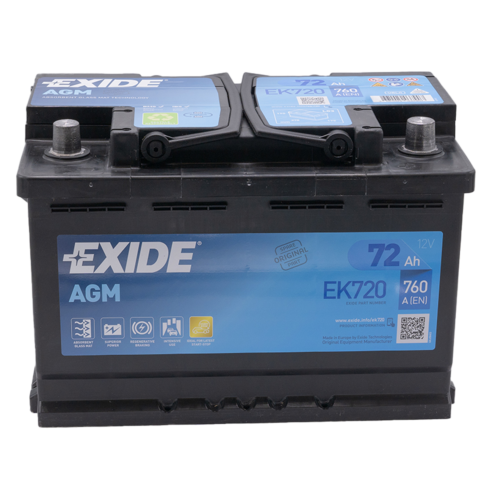Batteria Auto Exide 72Ah 760A Agm 12v = Fiamm Varta Bosch 70AH AGM