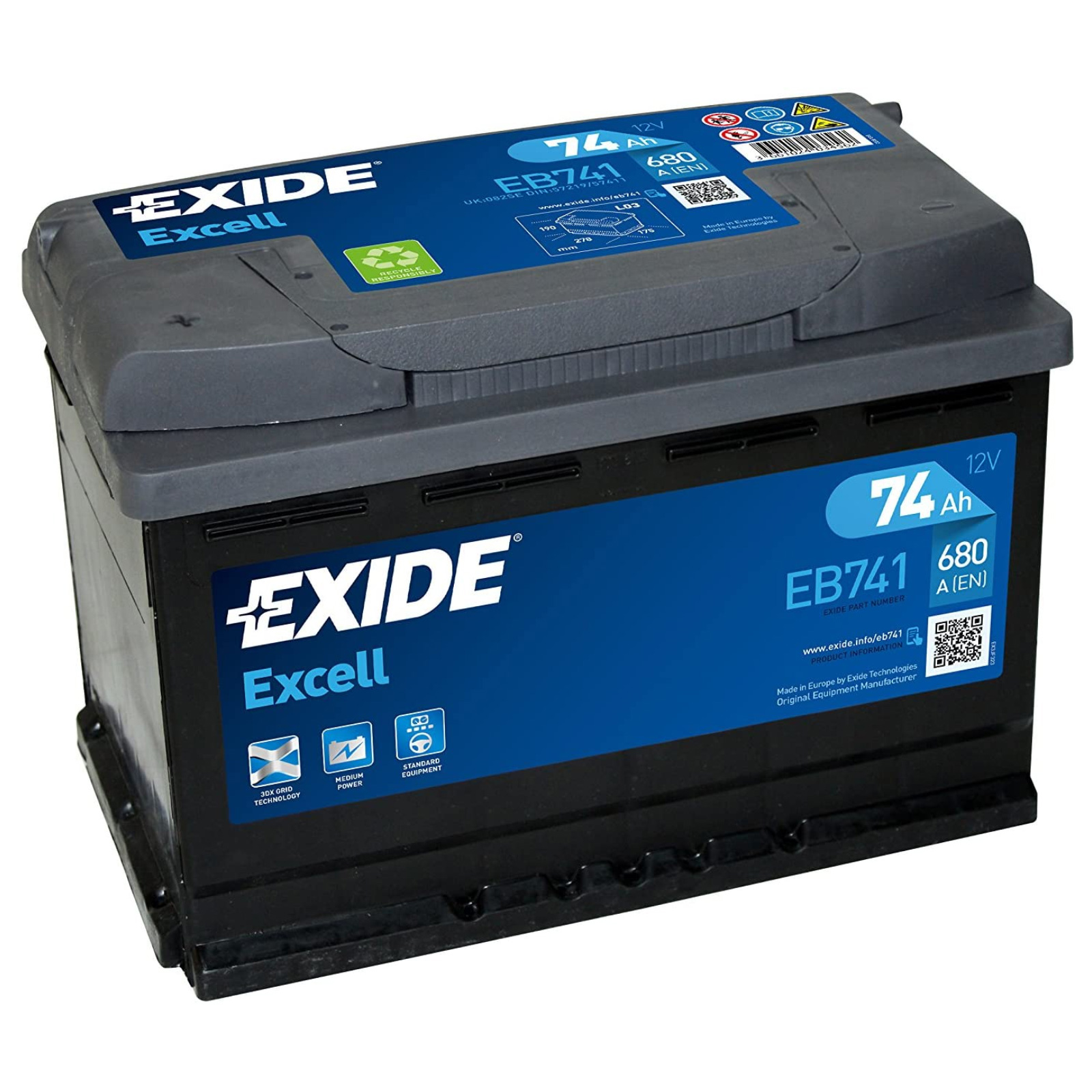 Batteria Auto Exide 74H 680A 12V Positivo a Sinistra