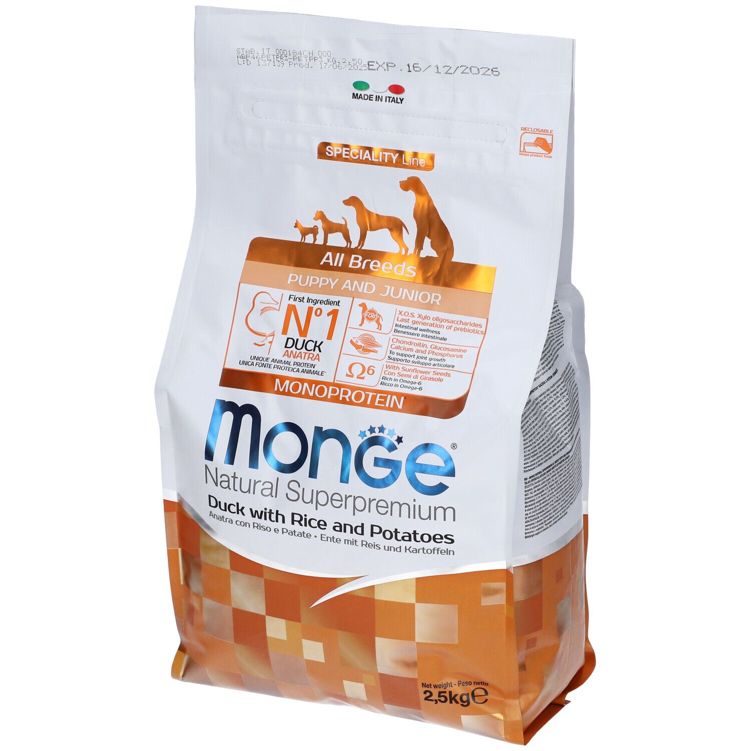 Monge All Breeds Puppy & Junior Anatra Con Riso E Patate 2,5 Kg 2500 g