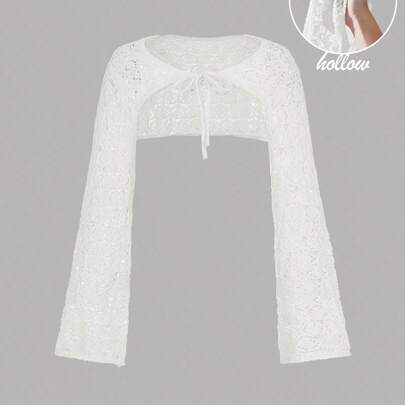 Cardigan bianco in maglia lavorato a uncinetto con maniche a campana e laccetti, cardigan da vacanza, cardigan bohémien, cardigan da spiaggia, abbigli