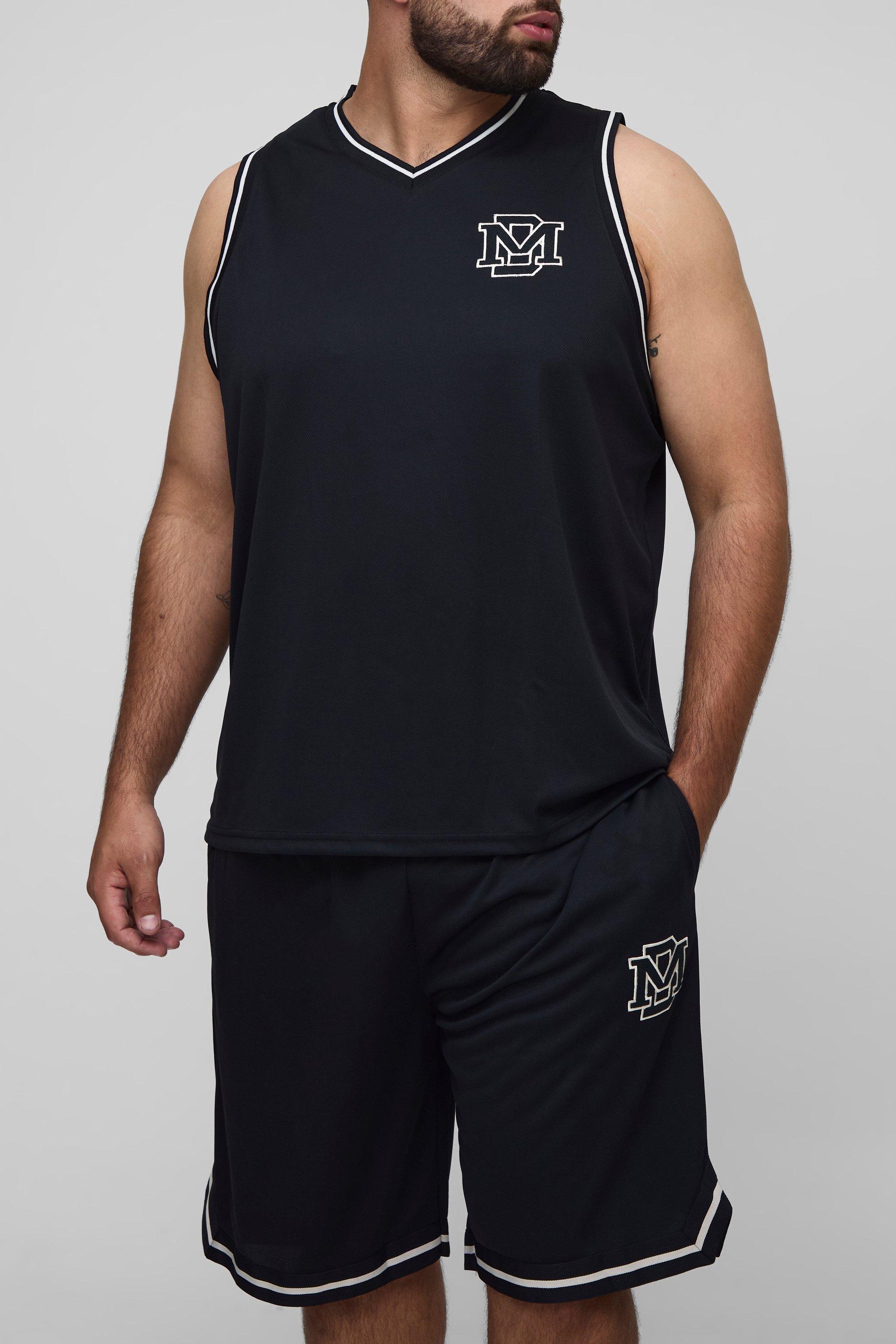 Plus BM Embroidered Airtex Vest & Basketball Fit Short Set, Nero