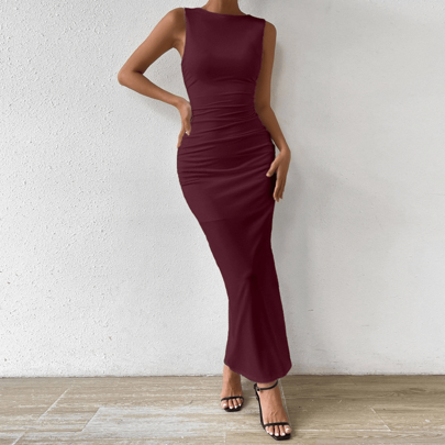 Vestito senza maniche in rosso e marrone, arricciato, vestito da serbatoio estivo, vestito da vacanza, vestito da laurea, vestito da Festa dell'Indipe