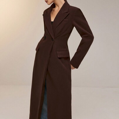 Giacca di tailleur marrone extra lunga, giacca donna elegante a doppio petto a collo a bavero, in colore unico, di stile semplice e alla moda, adatta