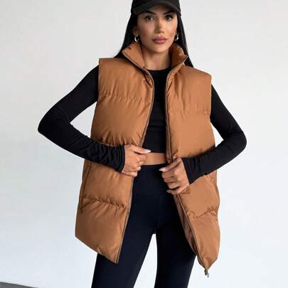 Gilet invernali da donna con dettagli di tasche e cerniera, monocolore