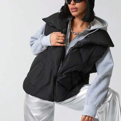 Gilet invernali da donna di colore solido con tasche e dettagli con cerniera