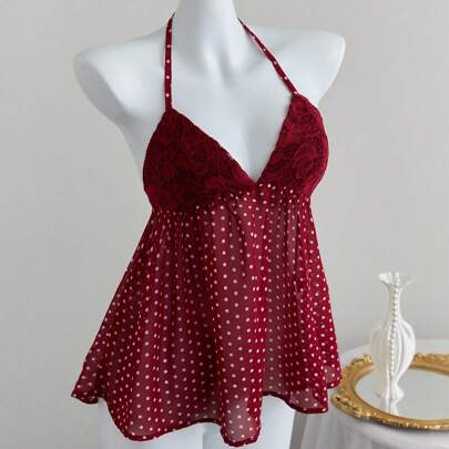 Romantici vestiti da spiaggia con inserti in pizzo e pois, con spalline a spaghetti