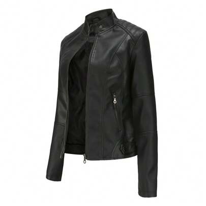 Giacca in pelle slim da donna, giacca leggera primaverile/autunnale, giacca moto in ecopelle con colletto alto