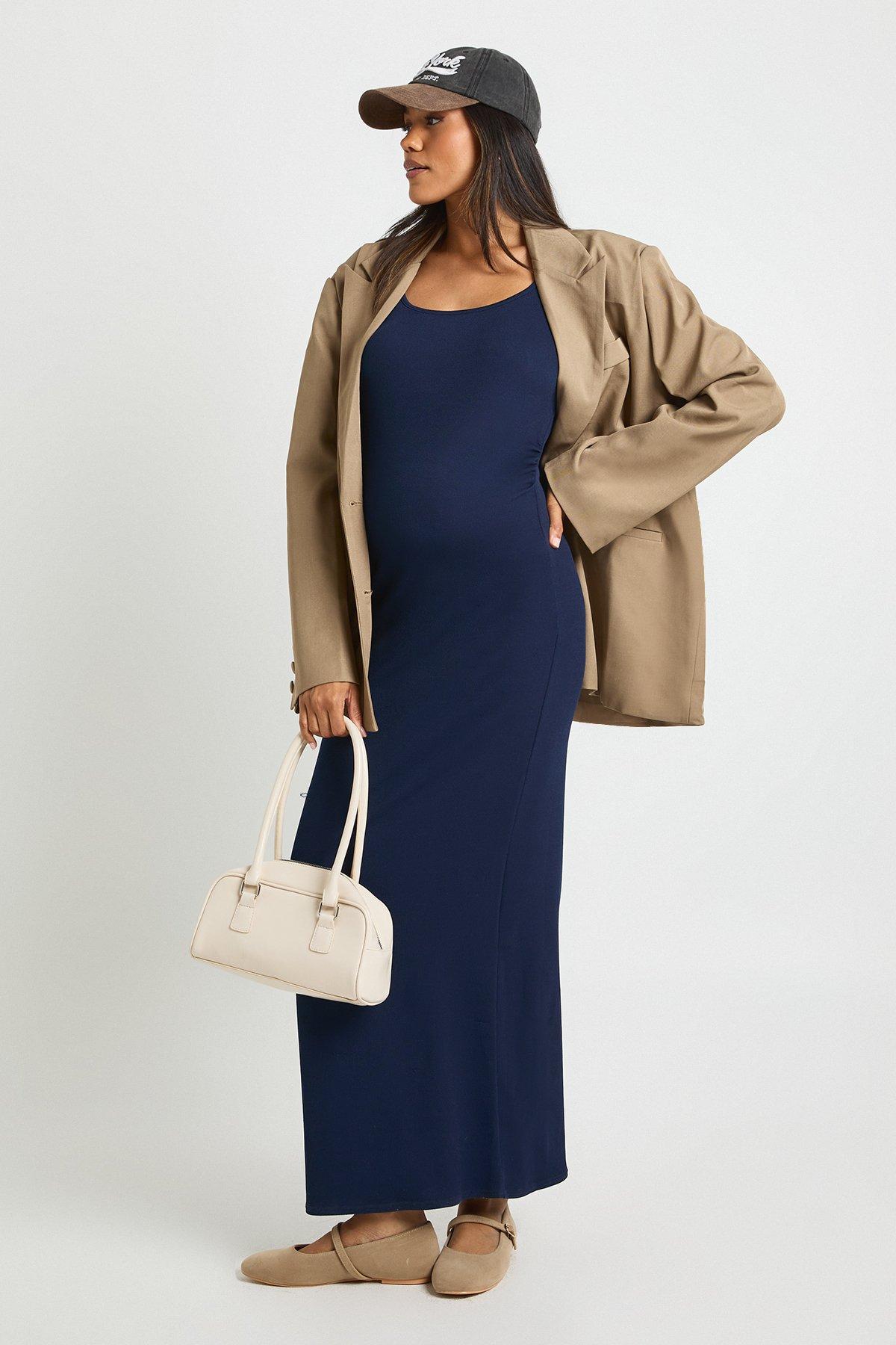 Maternity Textured Scoop Neck Long Sleeve Maxi Dress, Navy